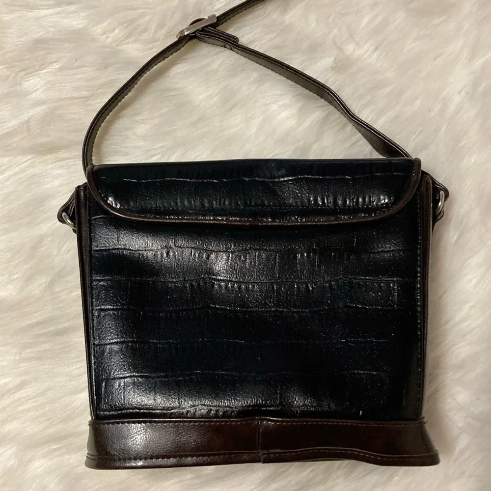 Vintage Marlo black leather‎ mock croc brown shoulder purse western bucket bag